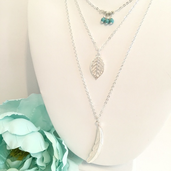 Boho Turquoise Leaf Feather Layered Necklace (#2) - Picture 3 of 13